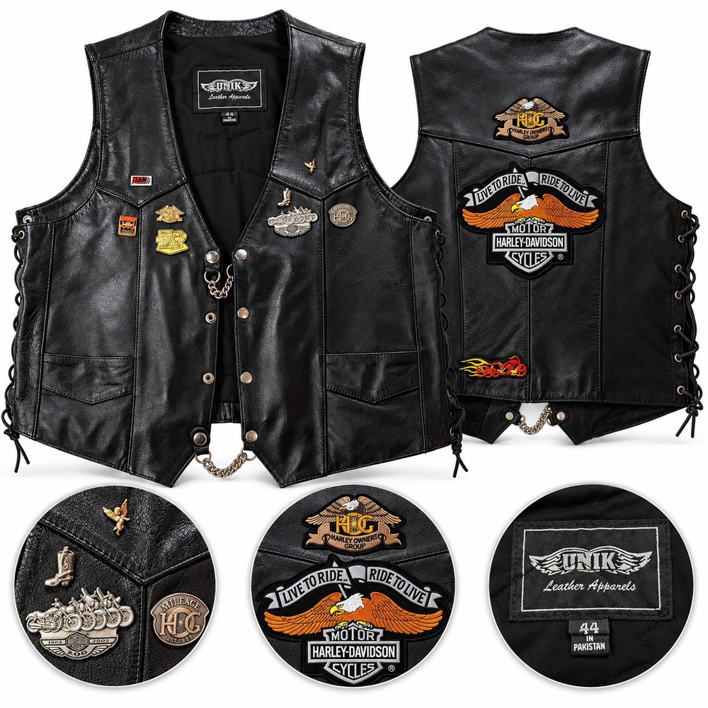 UNIK Black Leather Motorcycle Vest 44 Harley-Davidson HOG Patches Pins Biker